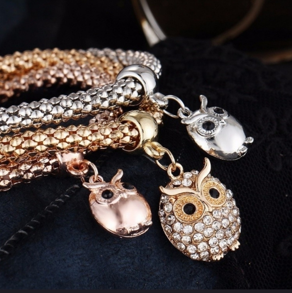 3pc Owl Charms Stretch Bracelets Dangle Gold-tone Silver-tone Rose Gold Upto 9" - Picture 3 of 8